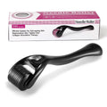 Black and purple derma rollers with titanium microneedles showing sizes from 0.20mm to 1.0mm