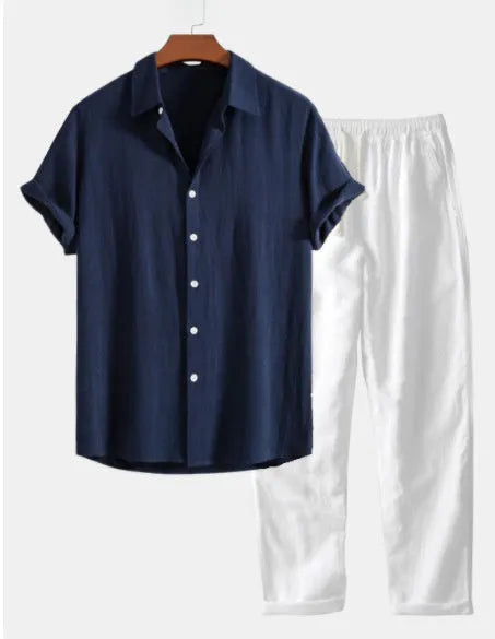 Casual loose cotton linen short sleeve suit in navy blue, shown with glasses, shoes and watch accessories