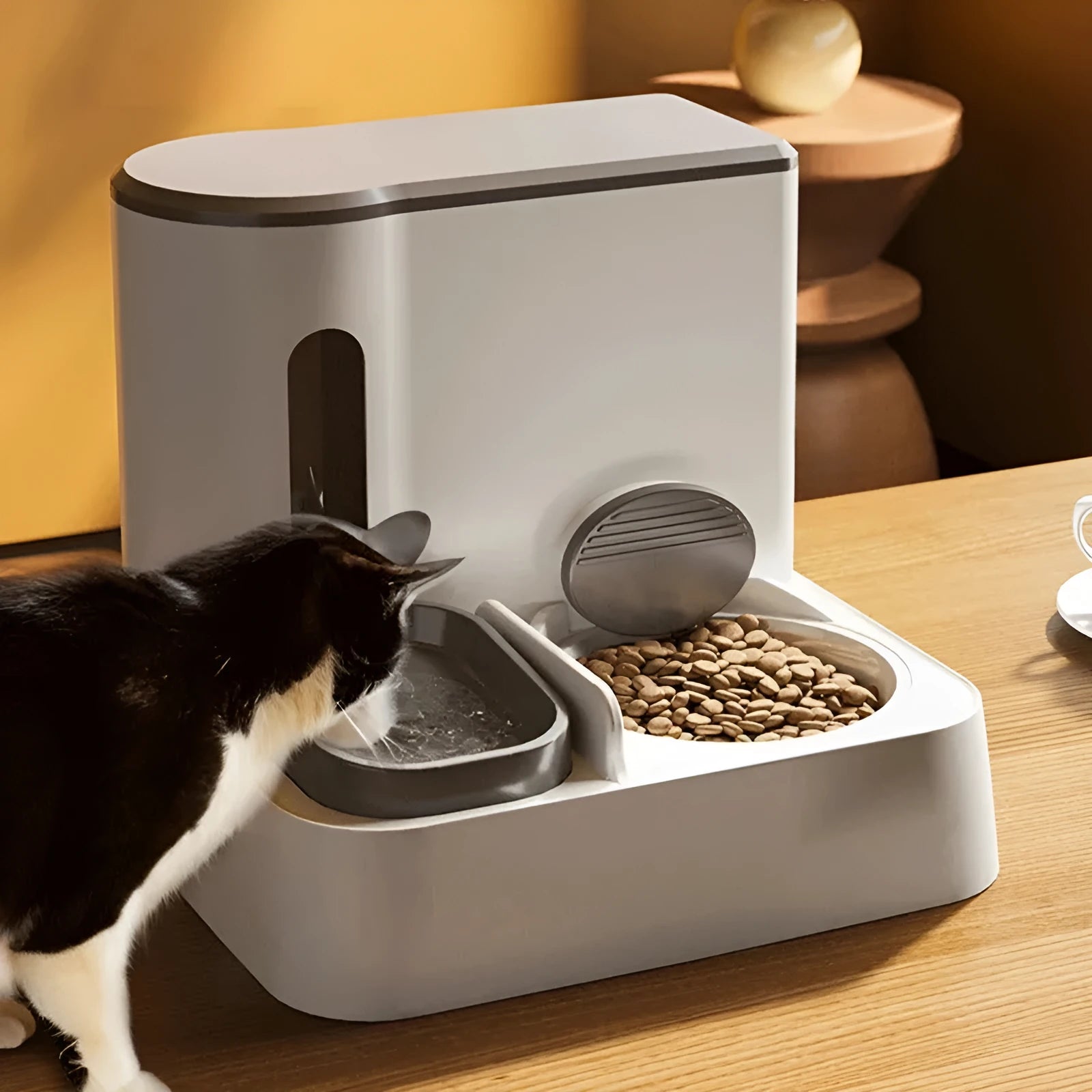 Grey automatic cat feeder and water dispenser double bowl unit on floor