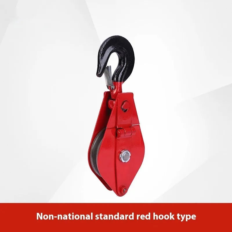 Red forged steel lifting pulley with a safety latch on the hook, for industrial wire rope use.