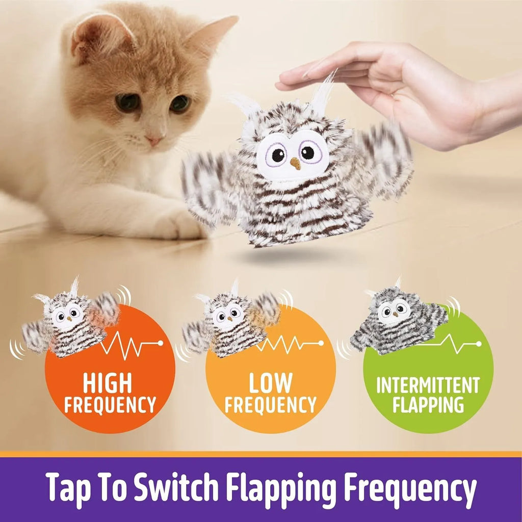 Grey interactive owl cat toy with flapping wings for indoor feline entertainment