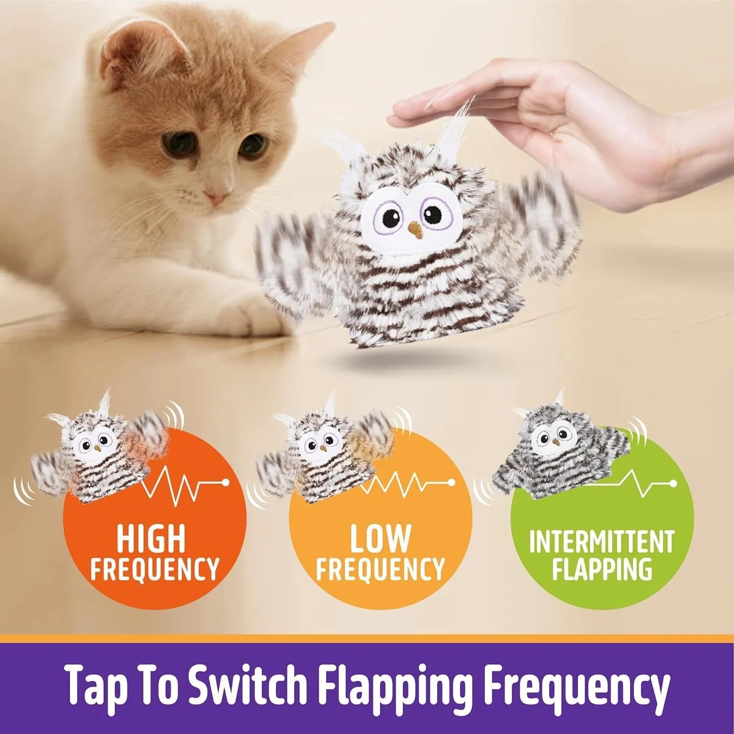 Grey interactive owl cat toy with flapping wings for indoor feline entertainment