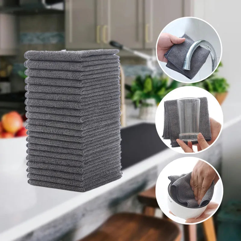 Grey square microfiber kitchen cleaning cloth for oil and grease.