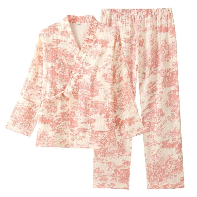 Ladies pure cotton gauze long sleeve trousers suit set in frosted pine trees colour