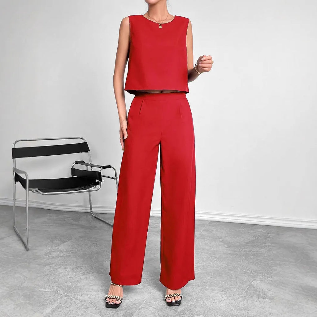 Women's red sleeveless top and wide-leg trousers two-piece set showing front view