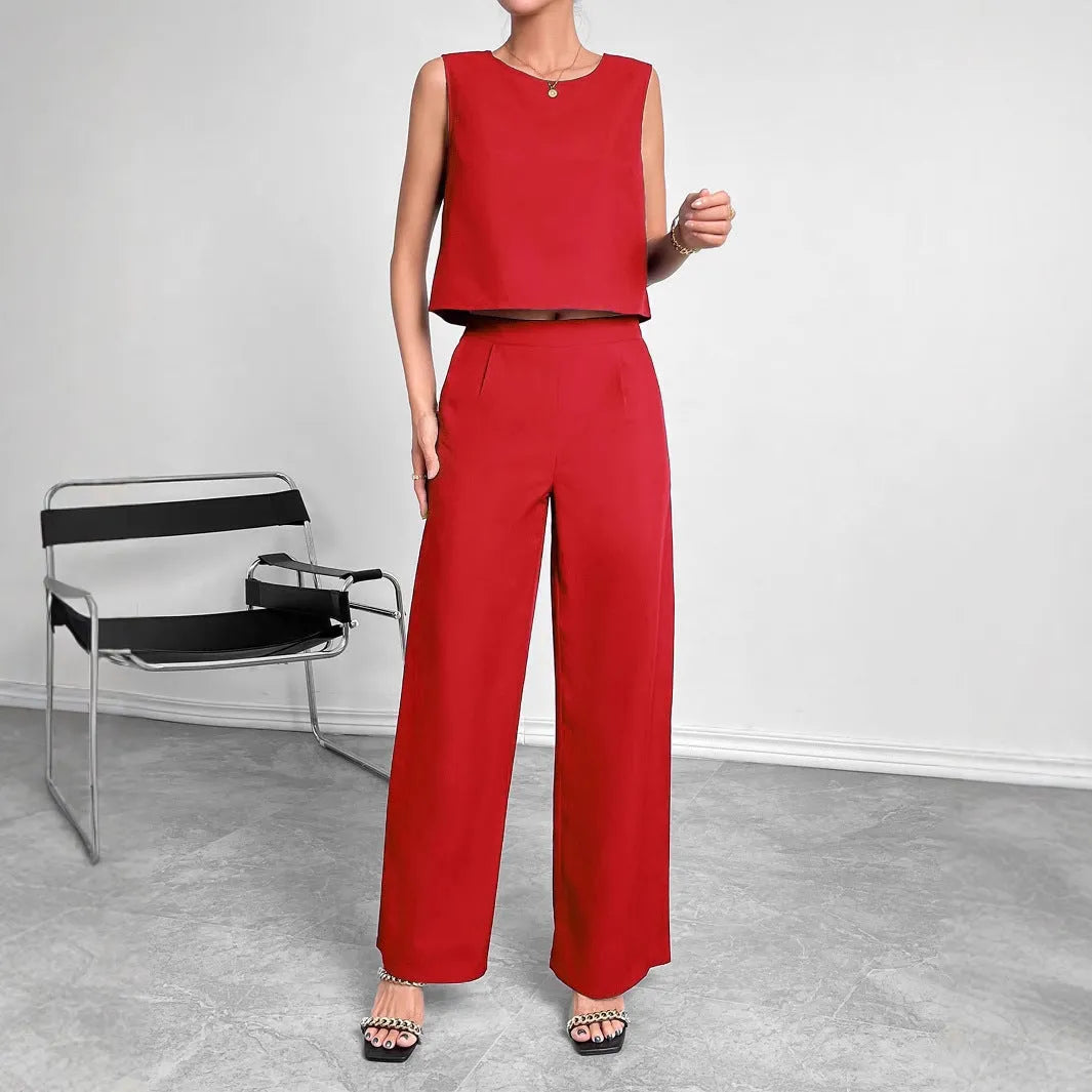 Women's red sleeveless top and wide-leg trousers two-piece set showing front view