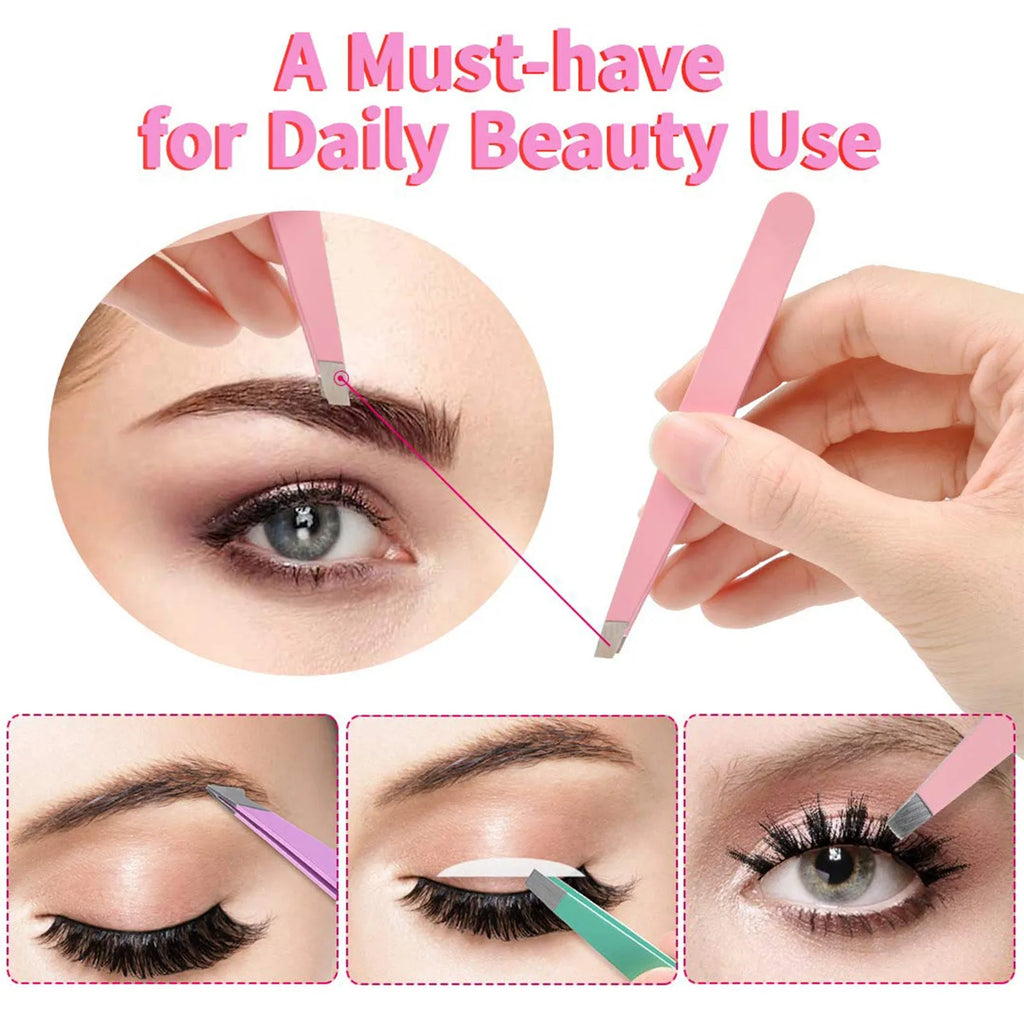 Professional six-piece eyebrow tweezers set with stainless steel tools and leather protective case