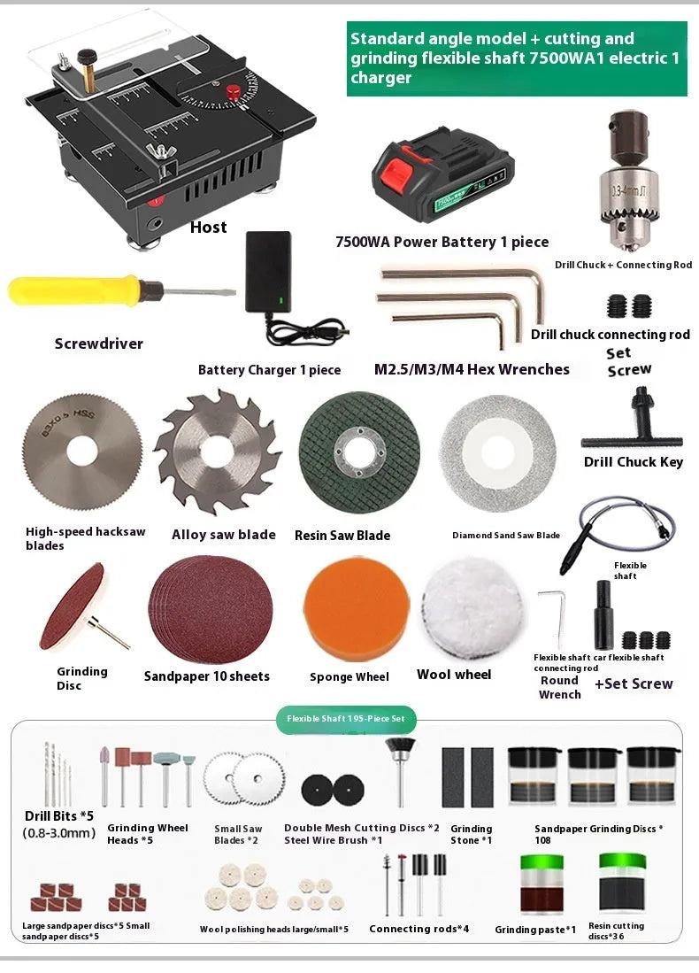 Lithium ion battery desktop saw with five attachments on workbench