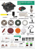 Lithium ion battery desktop saw with five attachments on workbench
