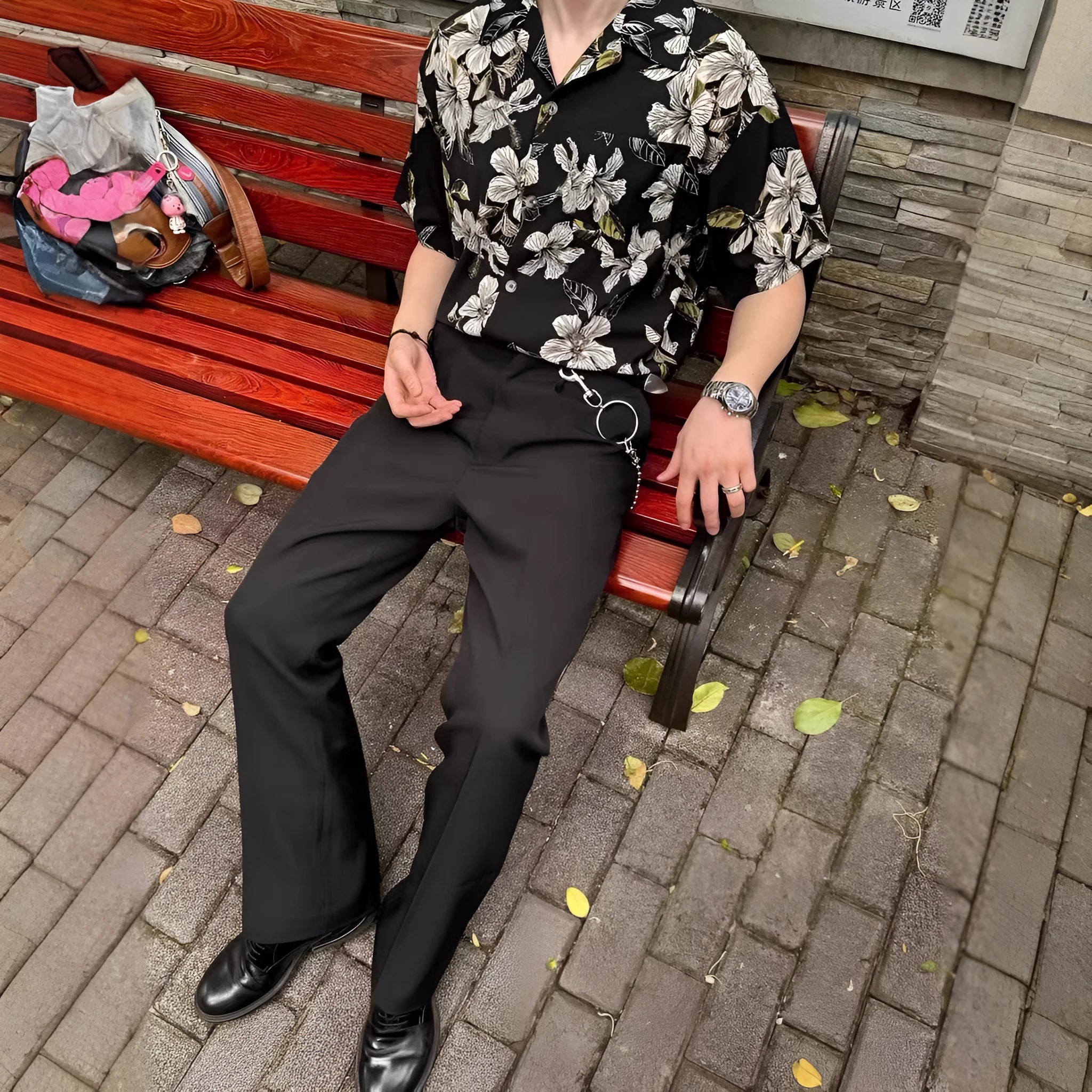 Men's black ice silk shirt with Cuban collar and flower pattern for summer casual wear