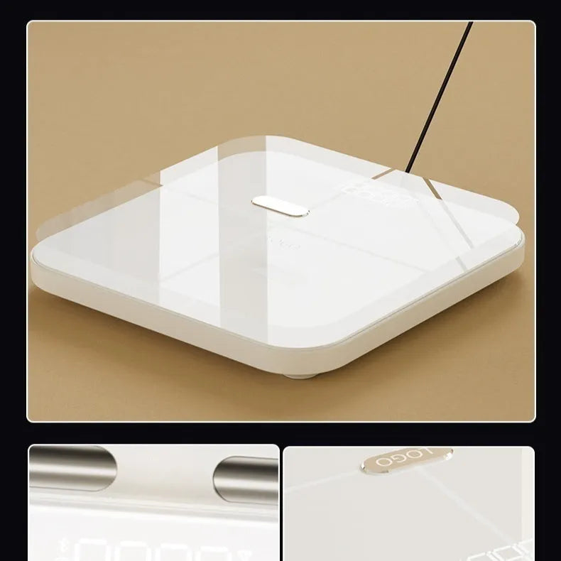 Professional white body fat scale with eight electrodes and tempered glass platform measuring 30x30cm