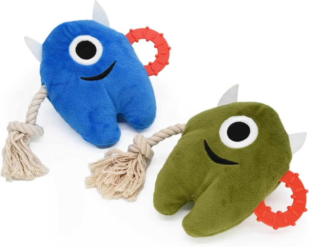 Blue and green plush dog toy with cotton rope sections and squeaker for chewing and tug-of-war