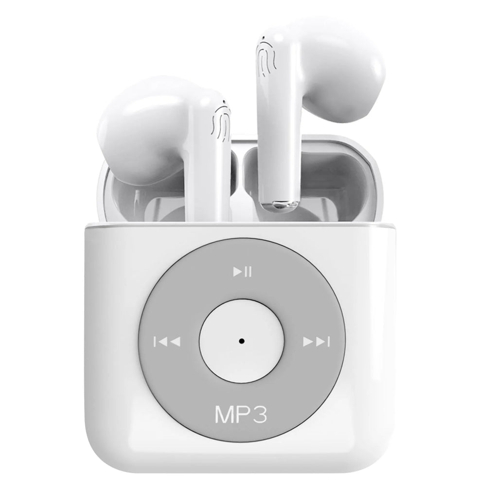 White wireless Bluetooth earphones with charging case on a white background.