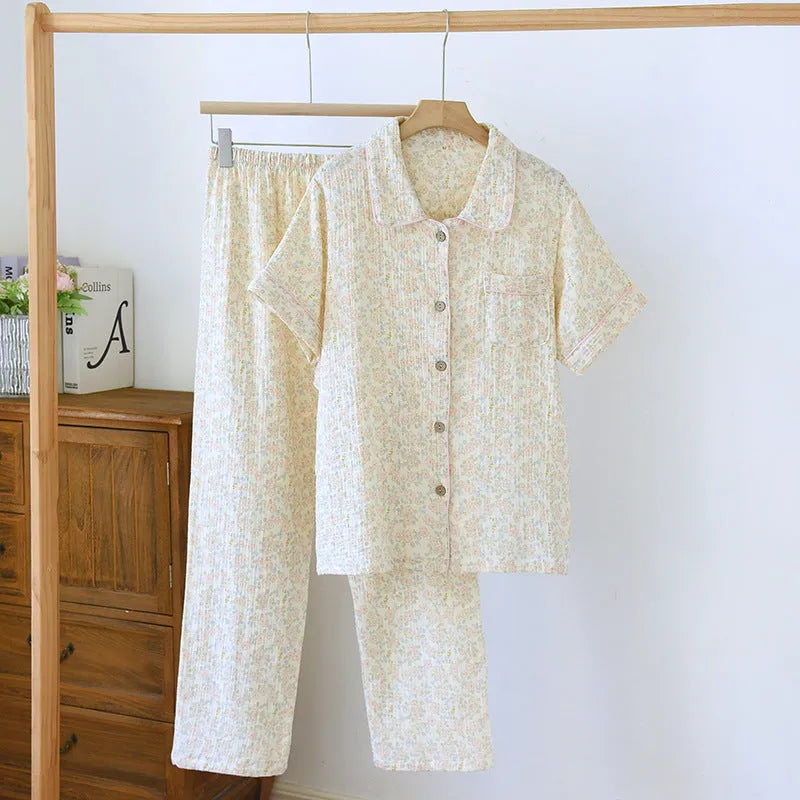 Women's yellow plaid crepe cotton short-sleeved top and loose trouser set for summer.