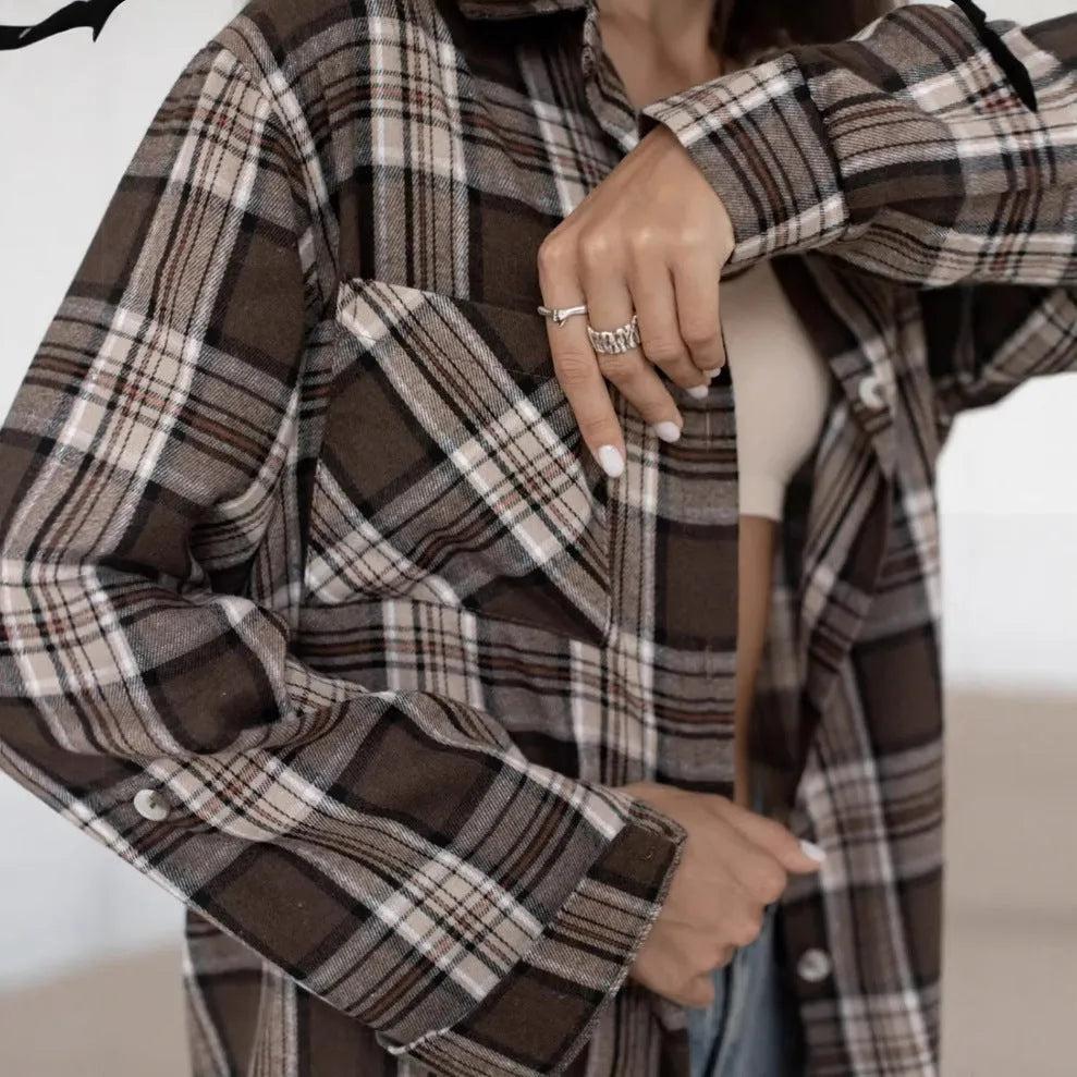 Dark brown retro women's long sleeve cotton shirt with striped pattern and collage stitching.