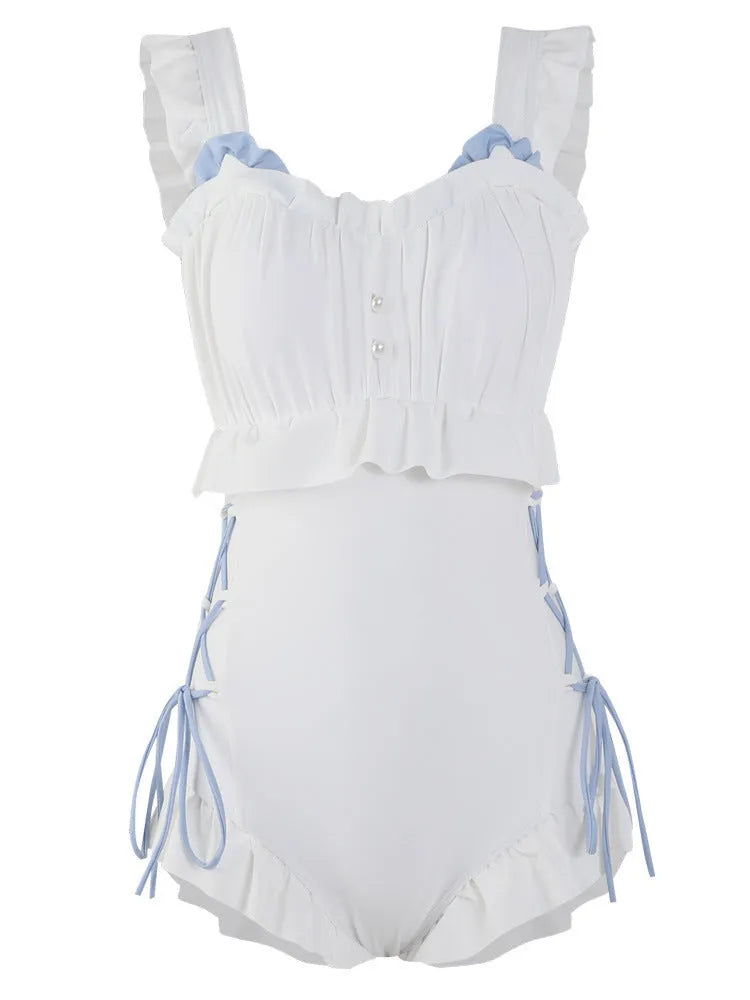 Milky white backless one-piece swimsuit for women, sleeveless nylon design for swimming and fitness