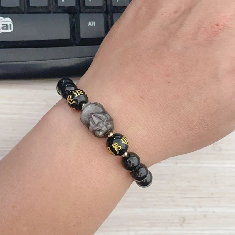 Silver stone men's bracelet with Chinese beaded design and engraved proverbs