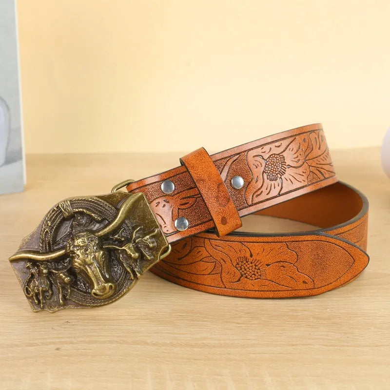 Men's belt with cow head alloy buckle in imitation leather with pin buckle fastening
