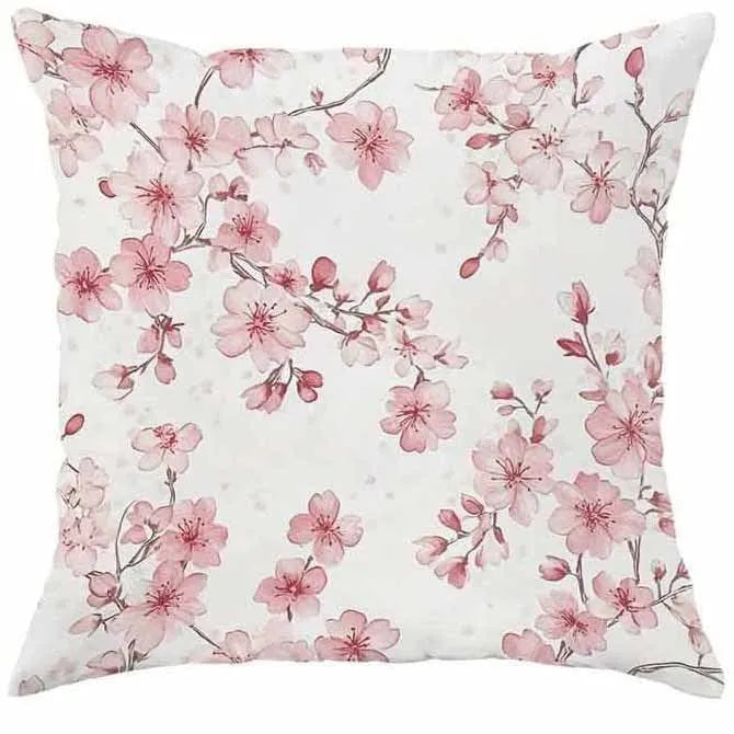 Square short velvet cushion cover with cherry blossom and letter print, 45x45cm.