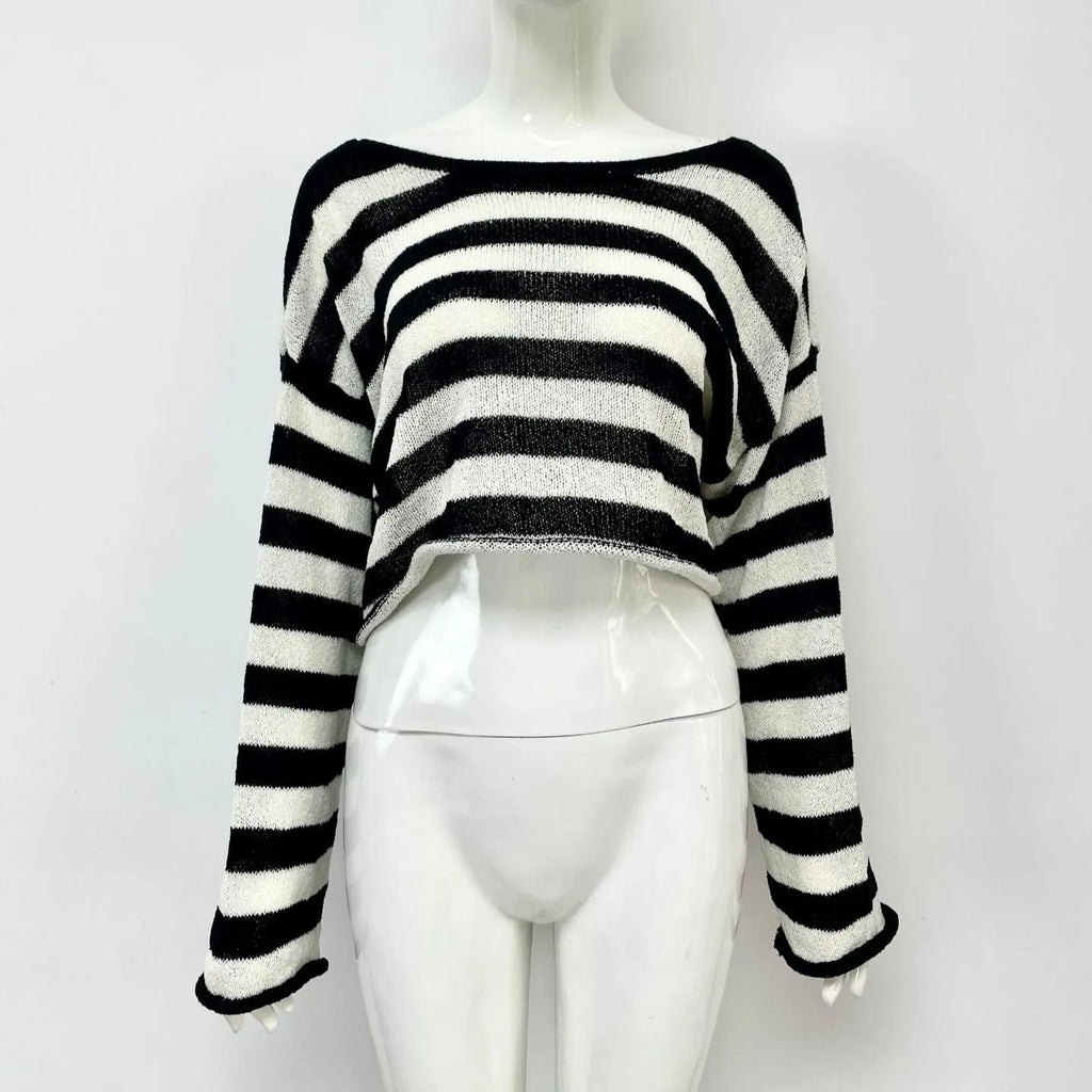 Striped long-sleeved cotton sweater with front and back wearable design and exposed navel detail
