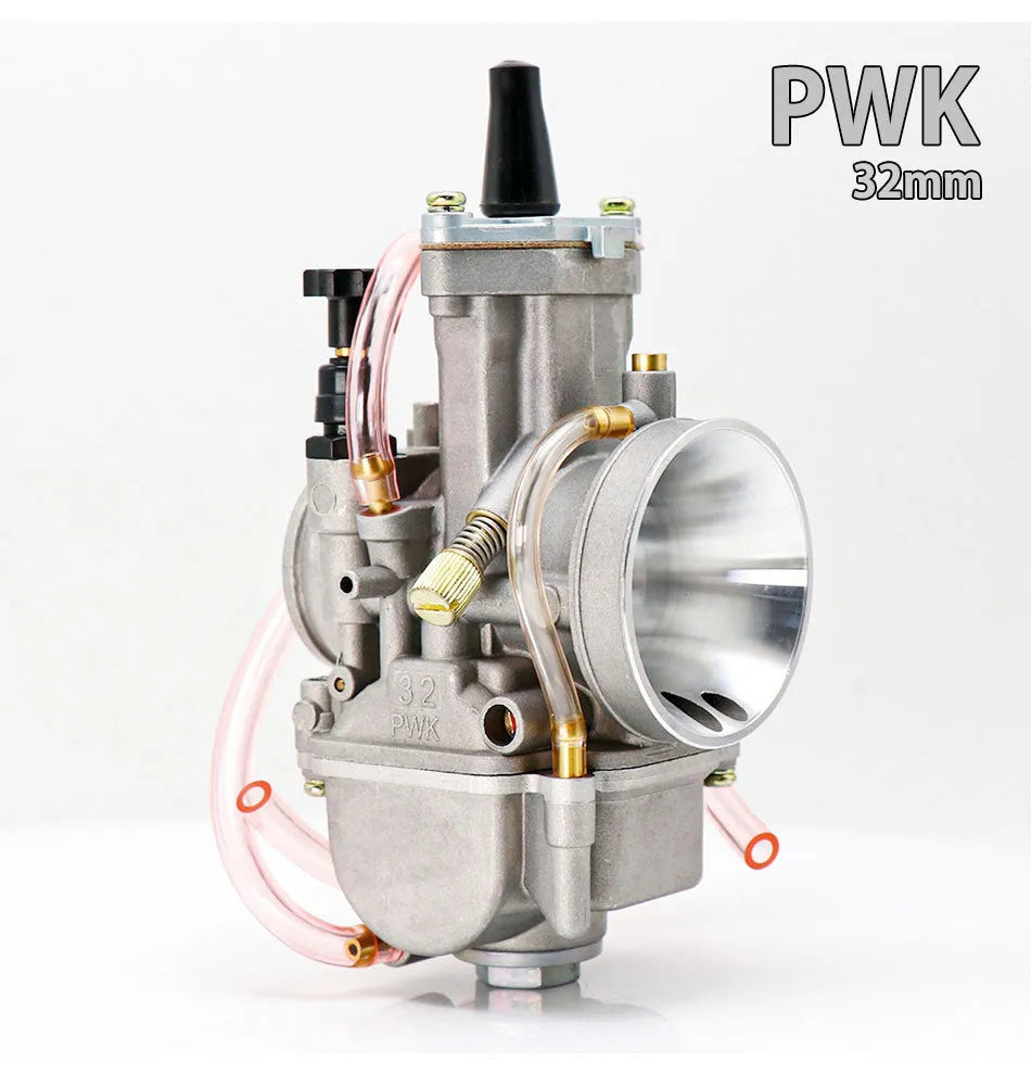 Sandblasted PWK motorcycle carburetor for performance modification, showing bore size options.