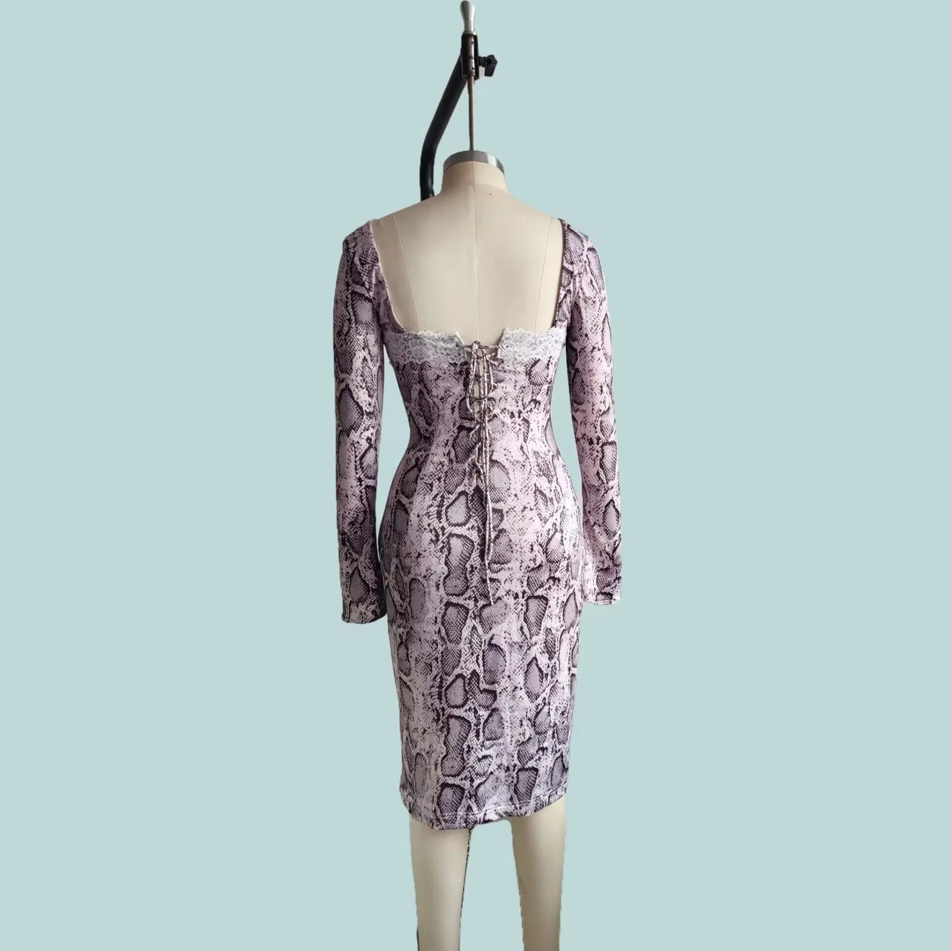 Grey slim fit lace dress with digital printed 3D pattern and A-line skirt design