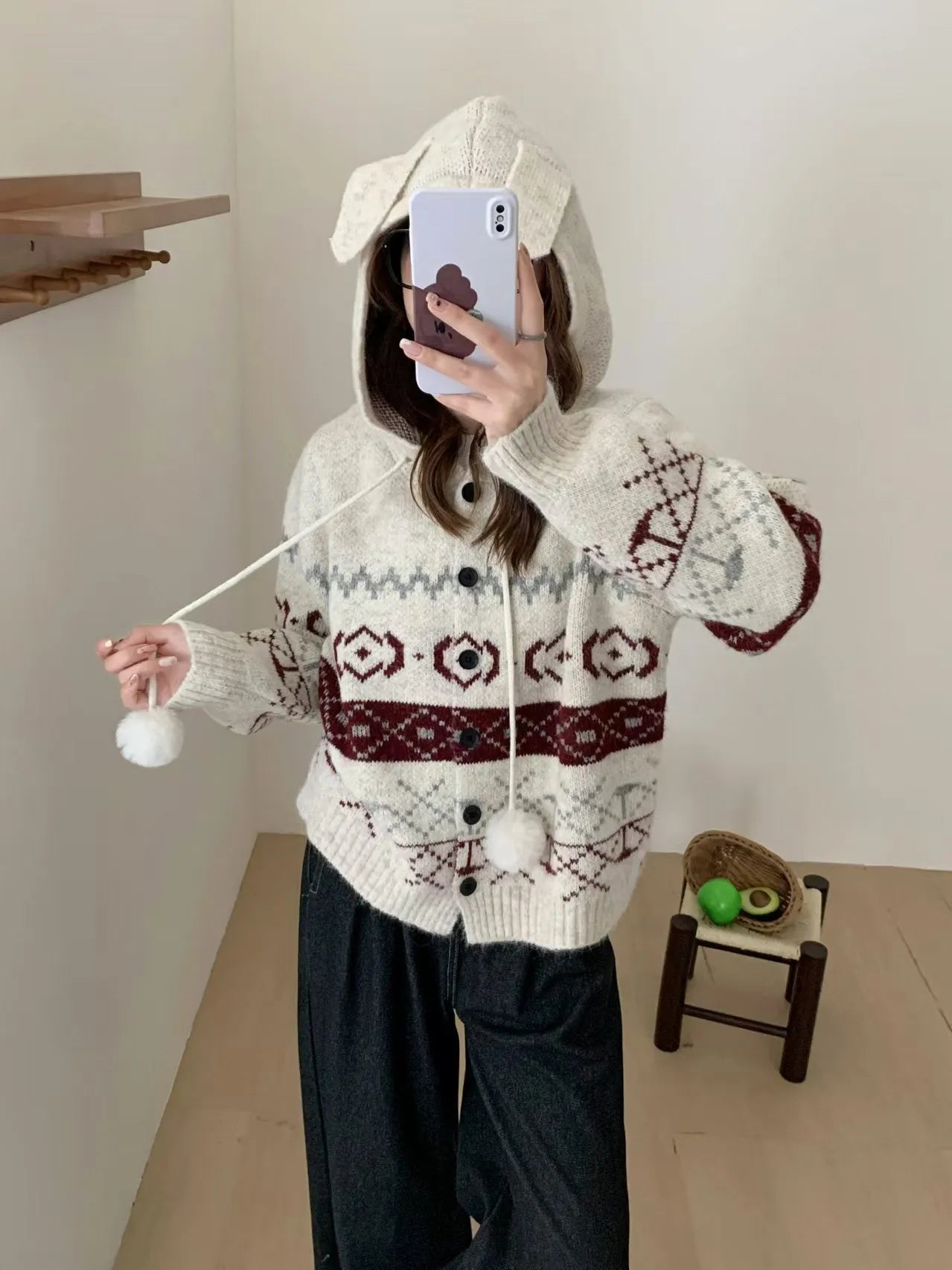 Grey geometric pattern brocade sweater coat for women, loose plus-size fit.