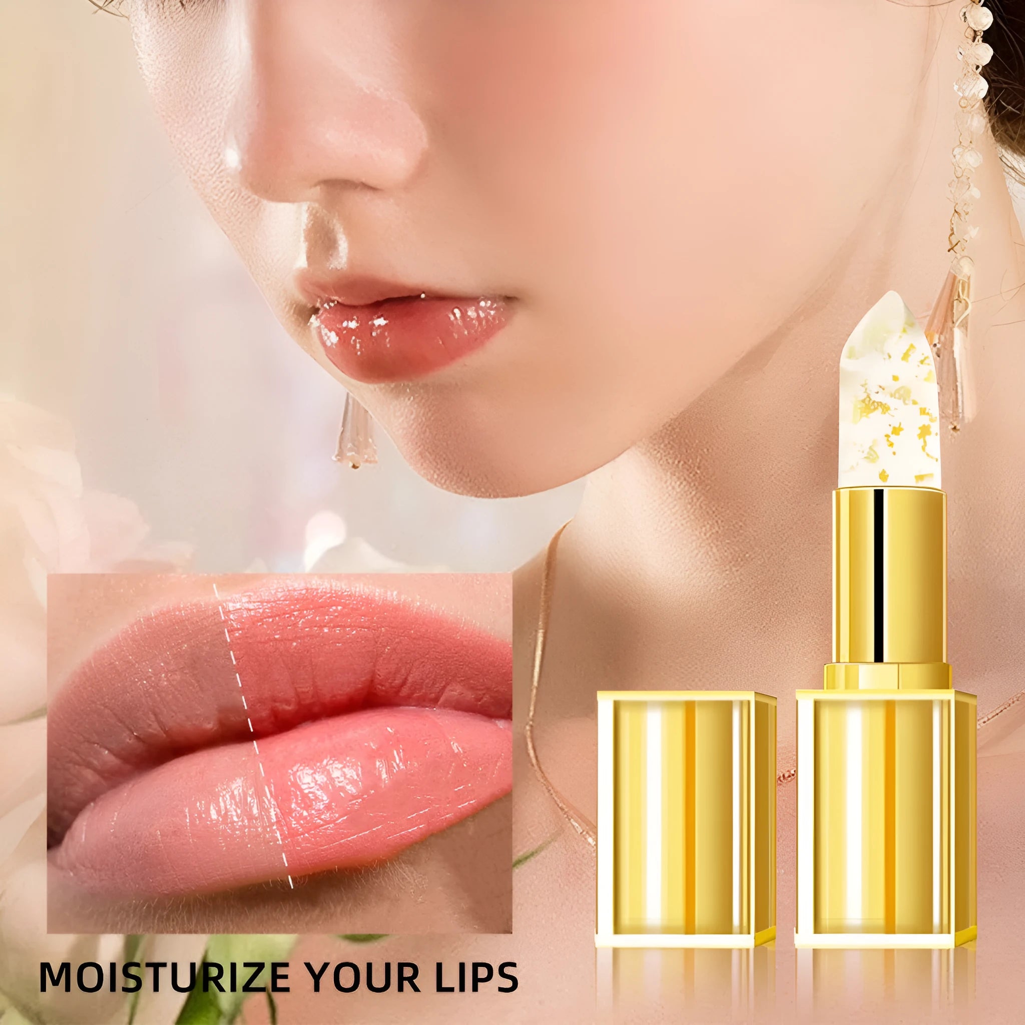 Anti-smudge lipstick with warm colour-changing effect and gilding finish