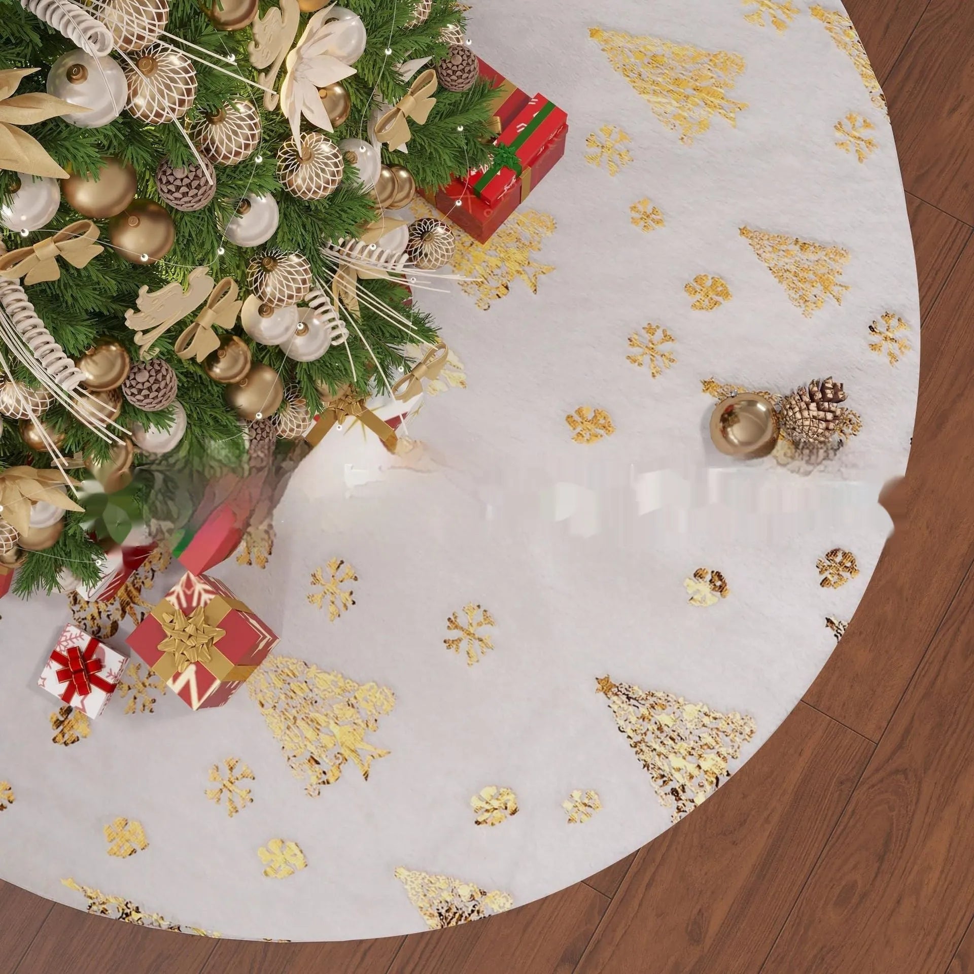 Plush Christmas tree floor mat in snowflake cedar style, available in 78cm 90cm 122cm 150cm sizes