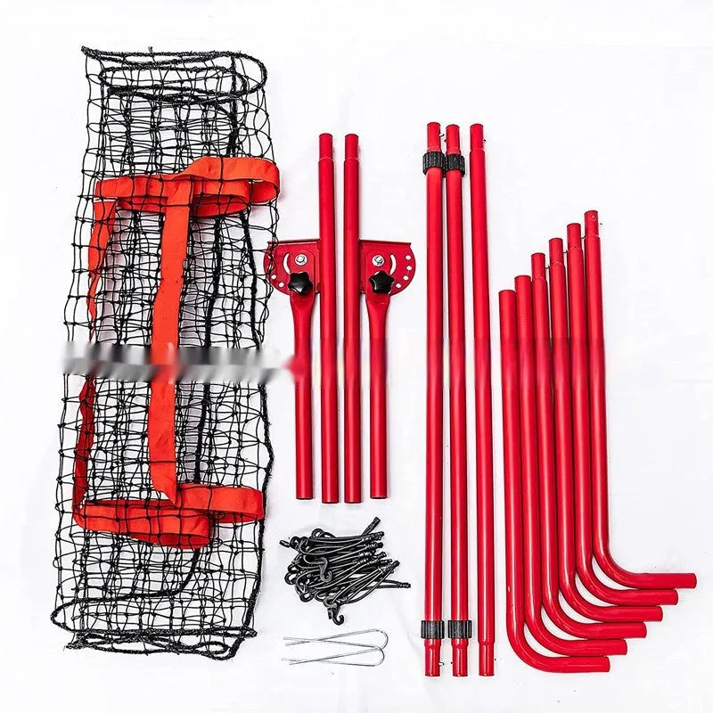 Red adjustable metal baseball training net with 4x6ft catching area for pitching practice