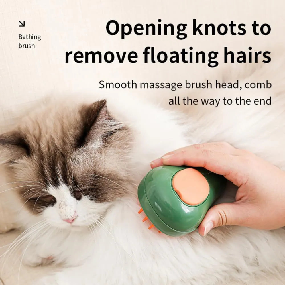 Green and white cat steam brush with silicone bristles and water spray function for pet grooming