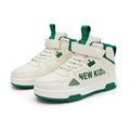 Children's street sneakers with letter pattern PU upper and rubber sole showing buckle closure