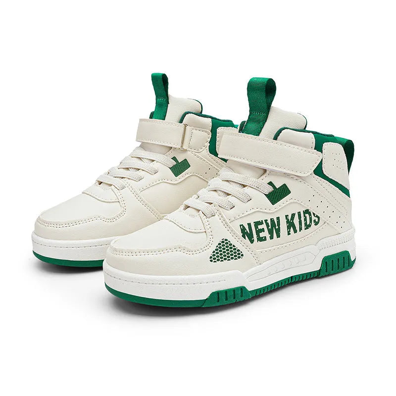 Children's street sneakers with letter pattern PU upper and rubber sole showing buckle closure