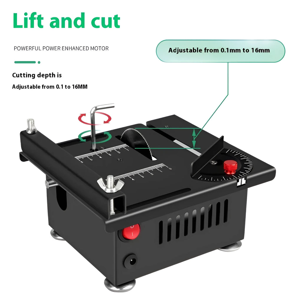 Lithium ion battery desktop saw with five attachments on workbench