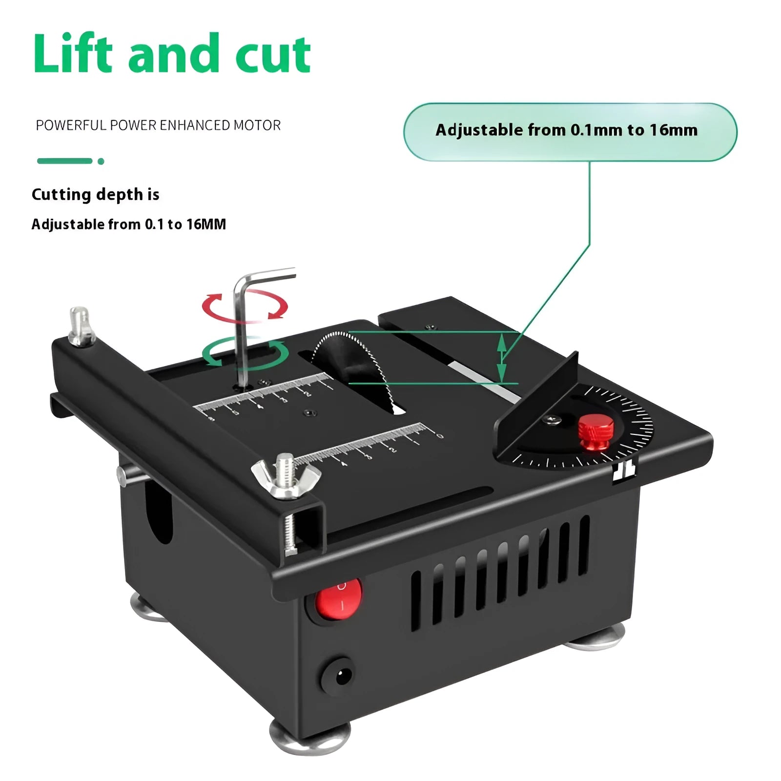 Lithium ion battery desktop saw with five attachments on workbench