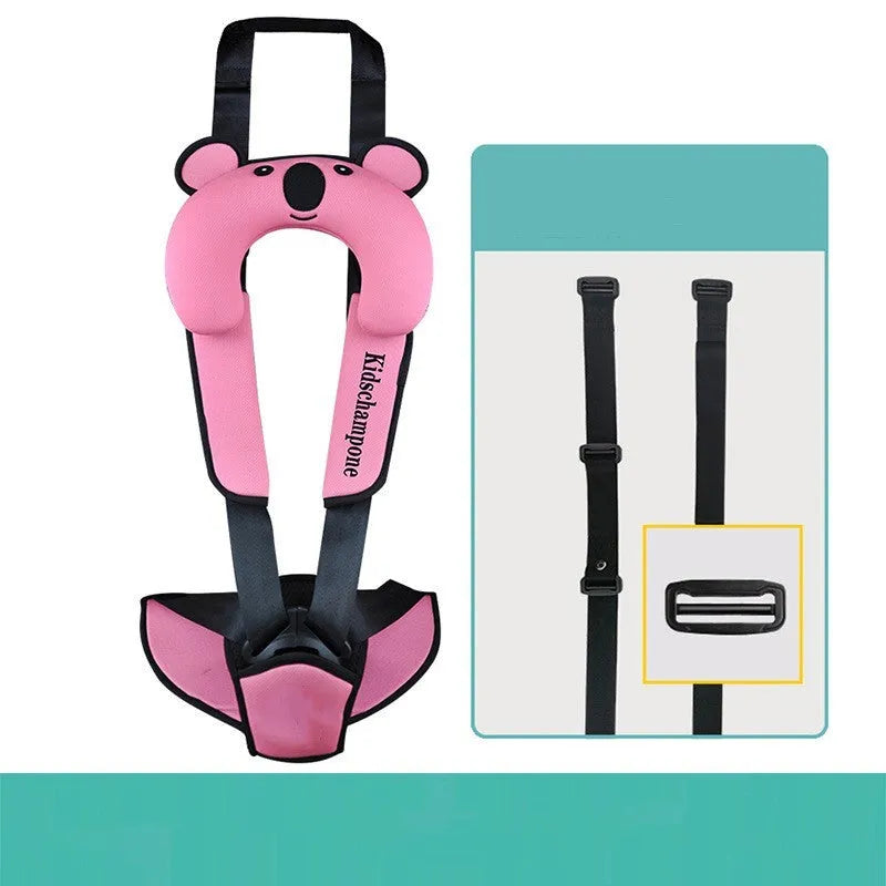 Portable child safety seat in rose pink colour with integrated seat belt retainer.