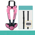 Portable child safety seat in rose pink colour with integrated seat belt retainer.