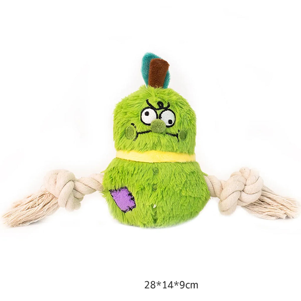 Green and purple plush rope knot dog toy with molar tooth texture for interactive tug play