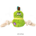 Green and purple plush rope knot dog toy with molar tooth texture for interactive tug play