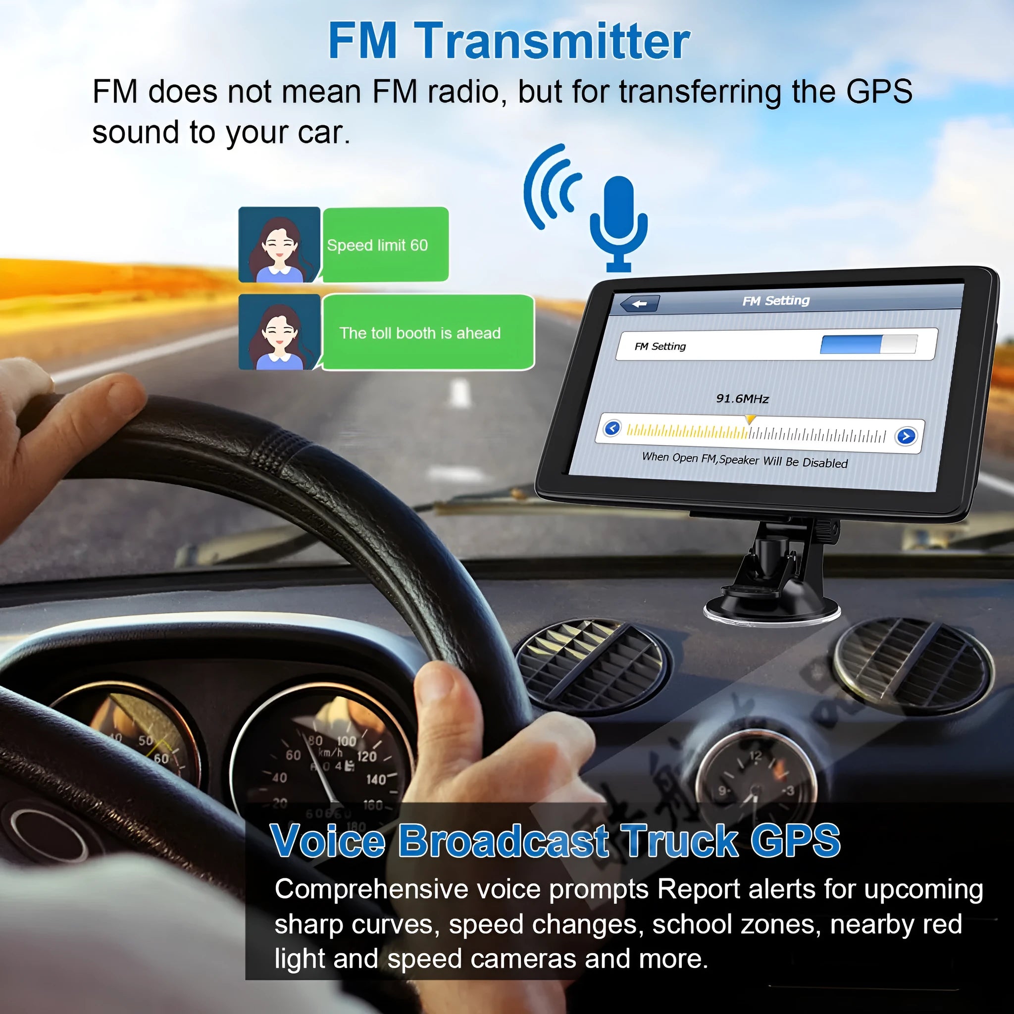 7 inch car GPS navigation device with touch screen displayed on a dashboard mount