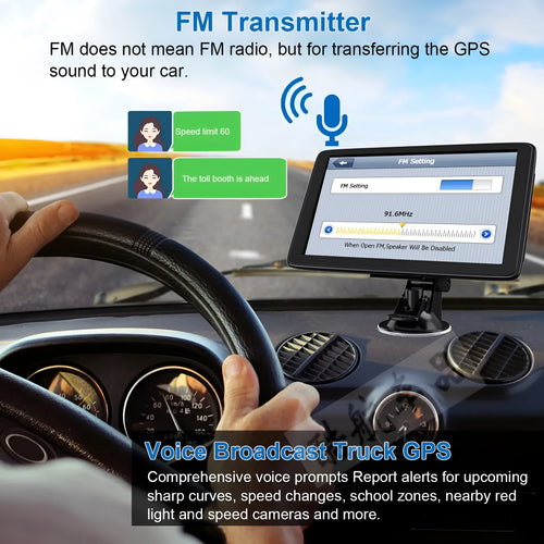 7 inch car GPS navigation device with touch screen displayed on a dashboard mount