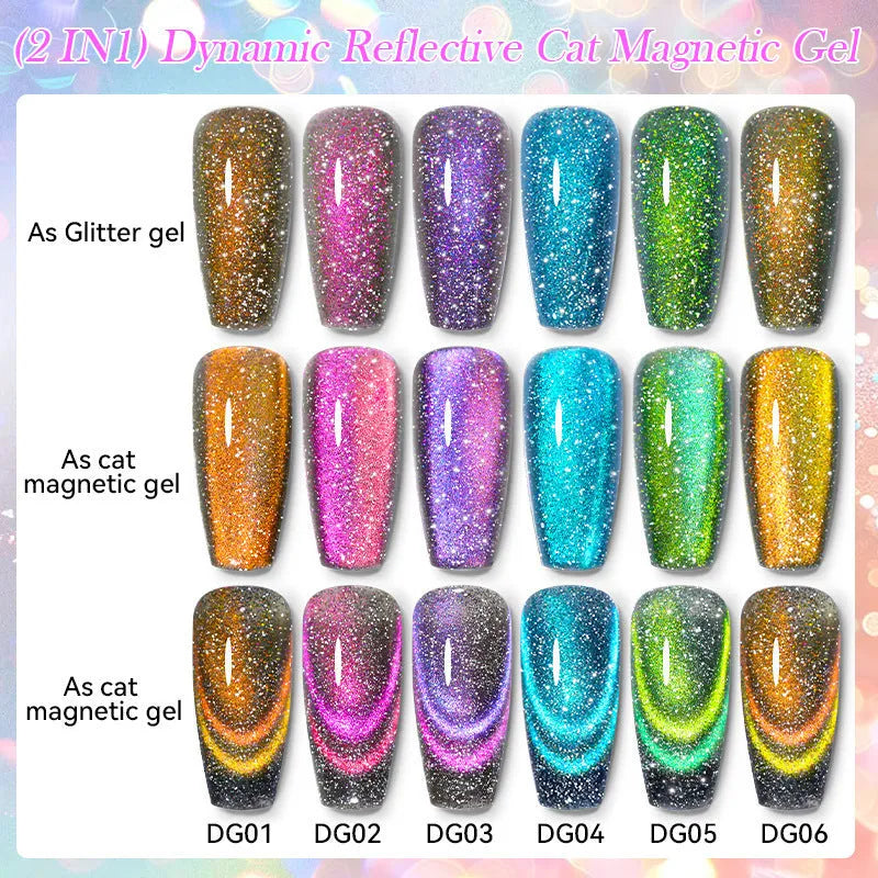 Diamond In The Debris Cat Eye Series UV Gel Nail Polish bottles in six colours with nail glue.