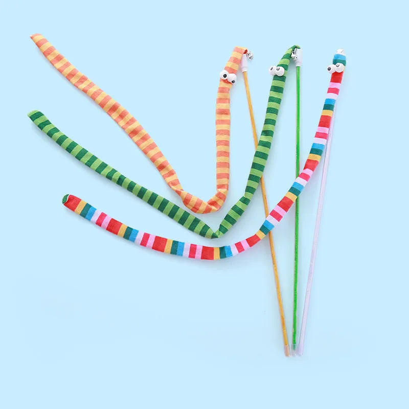 Colourful cat wand toy with polycarbonate handle and long plush strip for interactive feline play
