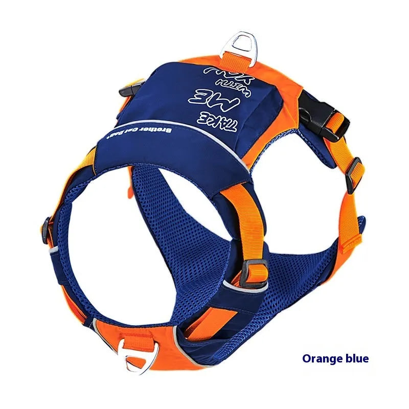 Orange blue nylon dog chest strap vest with hand rope leash, adjustable for secure walking