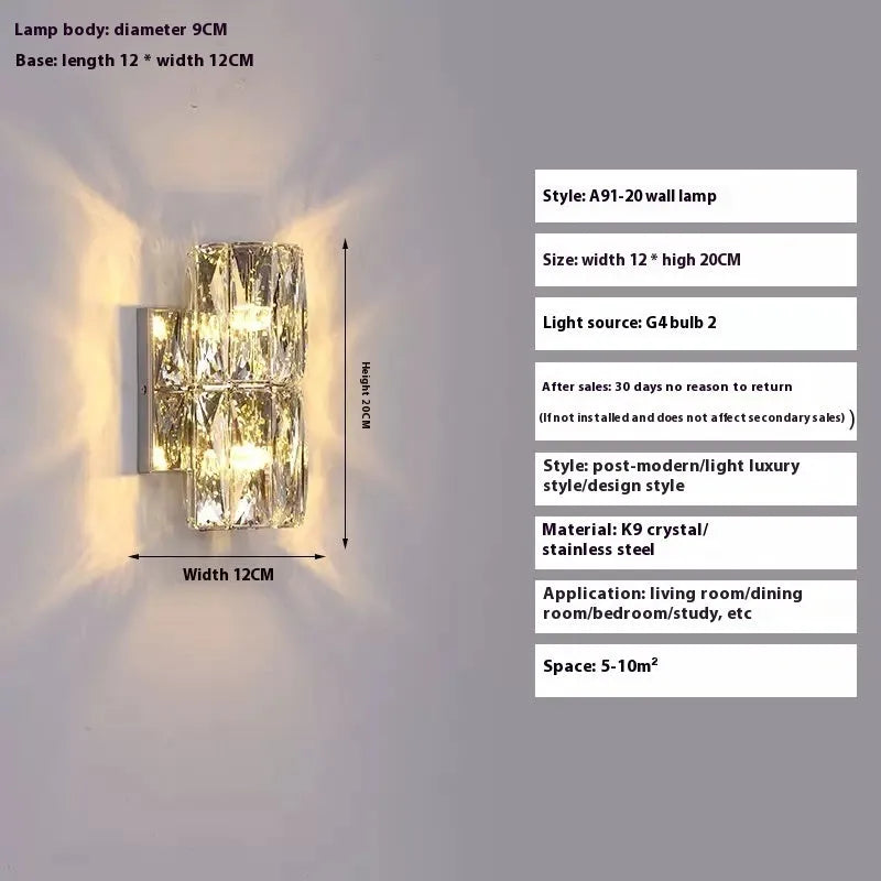 Crystal wall lamp with stainless steel frame in gold or chrome finish, mounted on a wall.