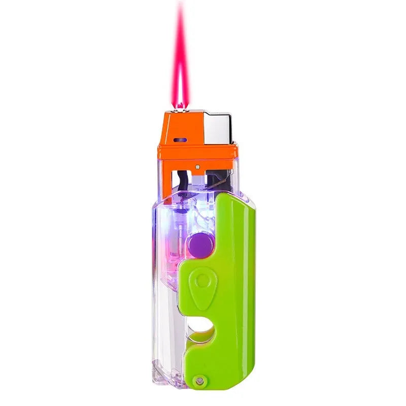 Colourful luminous radish design plastic lighter in orange, purple, or green on a plain background.