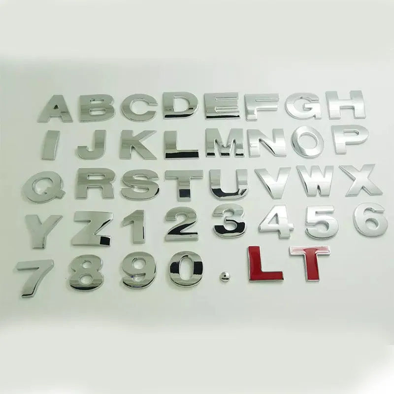 Zinc alloy 3D car bumper sticker showing raised metal letter design