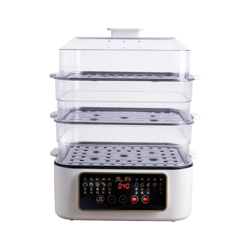 Stainless steel electric food steamer with 28 litre capacity and steaming rack