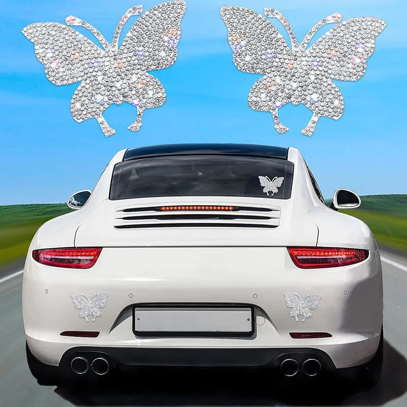 Diamond-encrusted glass car sticker with bear paw or butterfly design measuring 7 by 6 cm