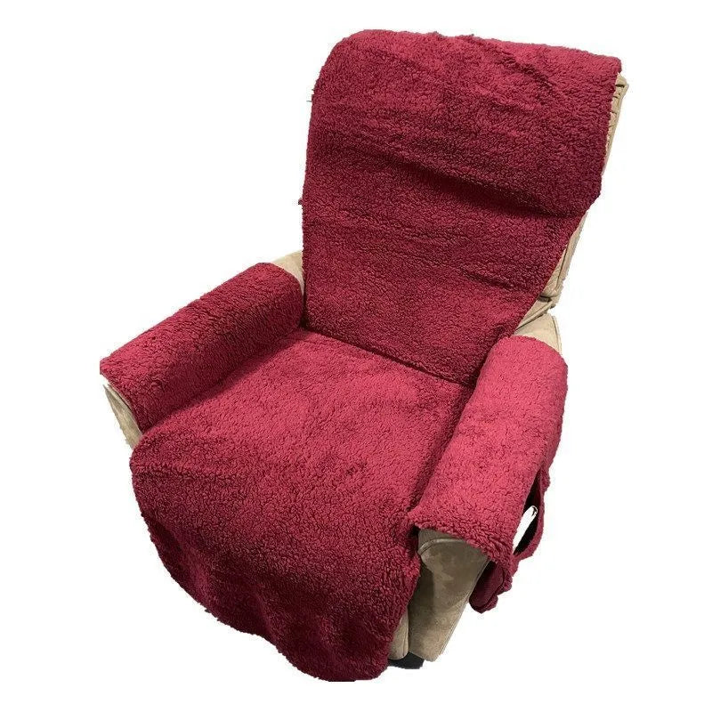 Universal sofa cushion slipcover in lamb wool finish colours including brown, dark grey, red, and beige.